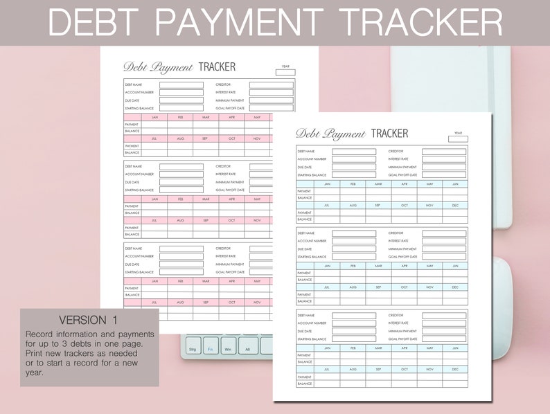 May include: A printable debt payment tracker with four sections for recording debt information, including debt name, creditor, account number, interest rate, minimum payment, starting balance, and monthly balance. The tracker is designed for up to three debts per page and includes a section for recording payments.