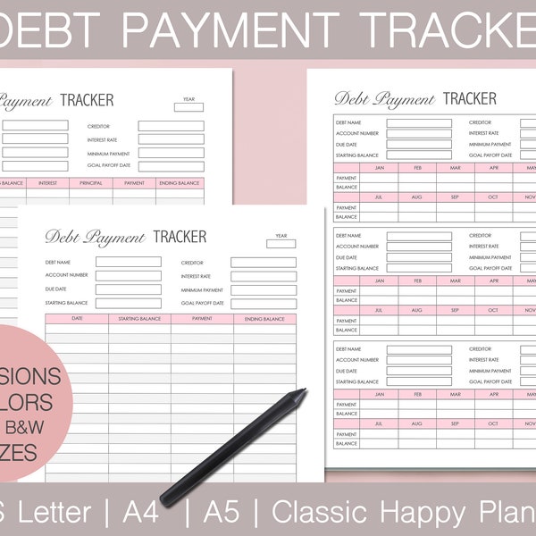 Debt Payment Tracker Printable , Debt Snowball Tracker, Debt Payoff Log, Debt Payment Log, Money Tracker,  ,US Letter, A4, A5, Classic