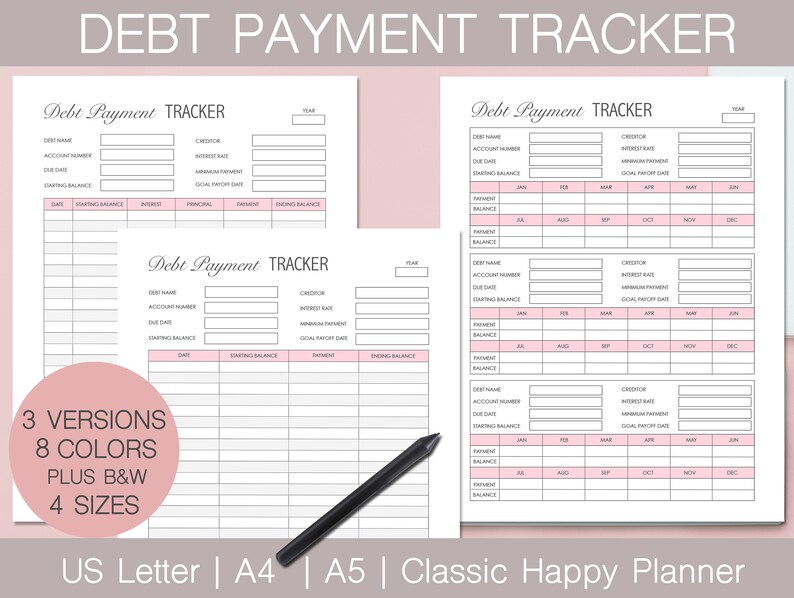 May include: Three printable debt payment tracker templates in different layouts. Each template has fields for debt name, creditor, account number, due date, starting balance, interest rate, minimum payment, goal payoff date, and monthly payments. The templates are designed for use with a classic happy planner.