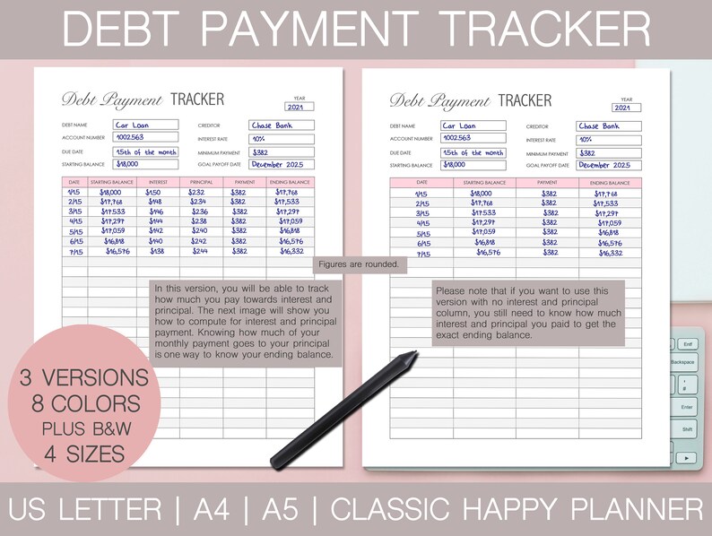 May include: A printable debt payment tracker with a pink and white design. The tracker includes columns for date, starting balance, interest, principal, payment, and ending balance. The text "Debt Payment Tracker" is at the top of the page. The text "3 Versions, 8 Colors, Plus B&W, 4 Sizes" is at the bottom of the page.