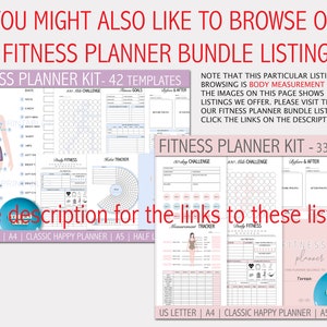 May include: Two images showing fitness planner kits with different templates. The first image shows a woman's body with measurement lines and a variety of planner pages. The second image shows a variety of planner pages with a focus on body measurements and progress photos. The text on the images reads "Fitness Planner Kit - 42 Templates" and "Fitness Planner Kit - 33 Templates".