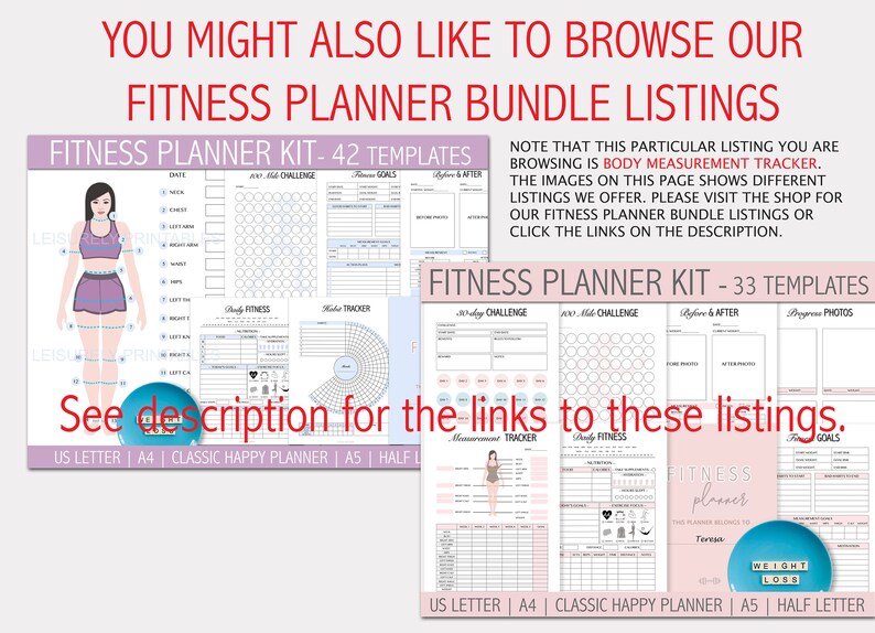 May include: Two images showing fitness planner kits with different templates. The first image shows a woman's body with measurement lines and a variety of planner pages. The second image shows a variety of planner pages with a focus on body measurements and progress photos. The text on the images reads "Fitness Planner Kit - 42 Templates" and "Fitness Planner Kit - 33 Templates".