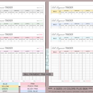 Puede incluir: Plantilla de seguimiento de pago de facturas imprimible con 8 opciones de color: azul, amarillo, verde, gris, rosa, rosa melocot&oacute;n, rosa rubor y azul fr&iacute;o. El rastreador incluye secciones para facturas, pago autom&aacute;tico, fecha de vencimiento, monto, fecha de pago y notas. El texto "Bill Payment Tracker" aparece en la parte superior de la p&aacute;gina.