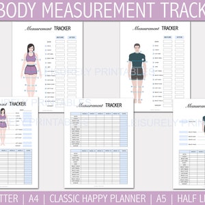 May include: Printable body measurement tracker with illustrations of a female and male figure. The tracker includes sections for recording measurements before and after, as well as weekly progress. The text "Measurement Tracker" appears at the top of each page.