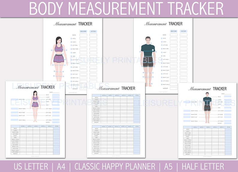 May include: Printable body measurement tracker with illustrations of a female and male figure. The tracker includes sections for recording measurements before and after, as well as weekly progress. The text "Measurement Tracker" appears at the top of each page.
