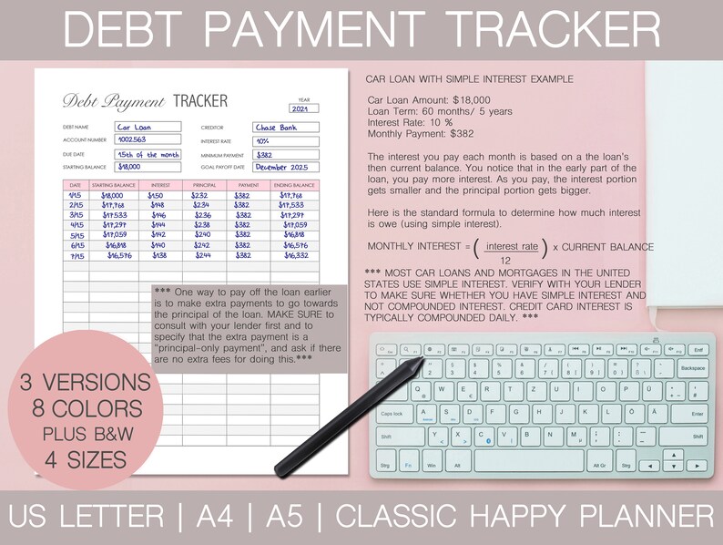 May include: A pink printable debt payment tracker with a table for tracking monthly payments, interest, and principal. The tracker includes a section with an example of a car loan with simple interest. The text "DEBT PAYMENT TRACKER" is at the top of the page.