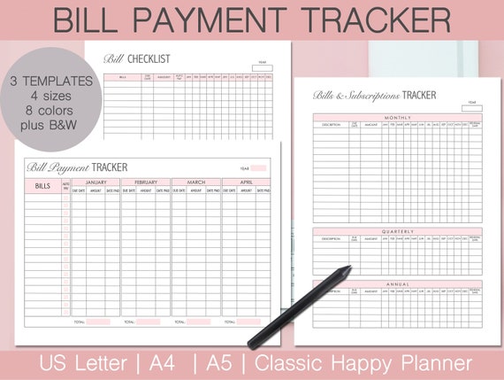 Bill Payment Tracker, Monthly Subscription Log (Printable)