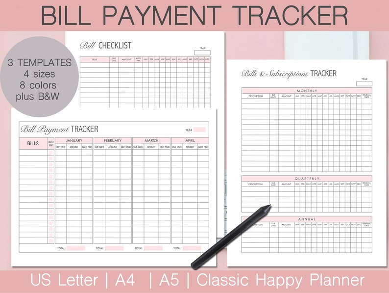 Puede incluir: Plantilla de seguimiento de pago de facturas imprimible con tres plantillas, cuatro tama&ntilde;os y ocho colores. El rastreador incluye secciones para facturas, suscripciones mensuales, trimestrales y anuales. El texto "Bill Payment Tracker" est&aacute; en la parte superior de la p&aacute;gina.