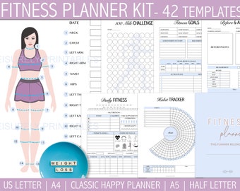 Fitness Planner Bundle, Daily Fitness Tracker, Weight Loss, PDF, Workout Planner, Wellness Tracker, Letter, A4, A5, Happy Planner, Half