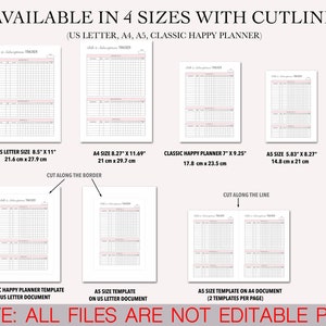 Puede incluir: Plantilla de seguimiento imprimible disponible en cuatro tama&ntilde;os: US Letter (8,5 x 11 pulgadas), A4 (8,27 x 11,69 pulgadas), A5 (5,83 x 8,27 pulgadas) y Classic Happy Planner (7 x 9,25 pulgadas). La imagen muestra los diferentes tama&ntilde;os de la plantilla con instrucciones sobre c&oacute;mo cortar a lo largo del borde o la l&iacute;nea.