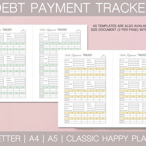 May include: A printable debt payment tracker with four pages. The pages are divided into sections for debt name, creditor, account number, starting balance, minimum payment, interest rate, total paid, and remaining balance. The pages are designed for use with a classic happy planner.