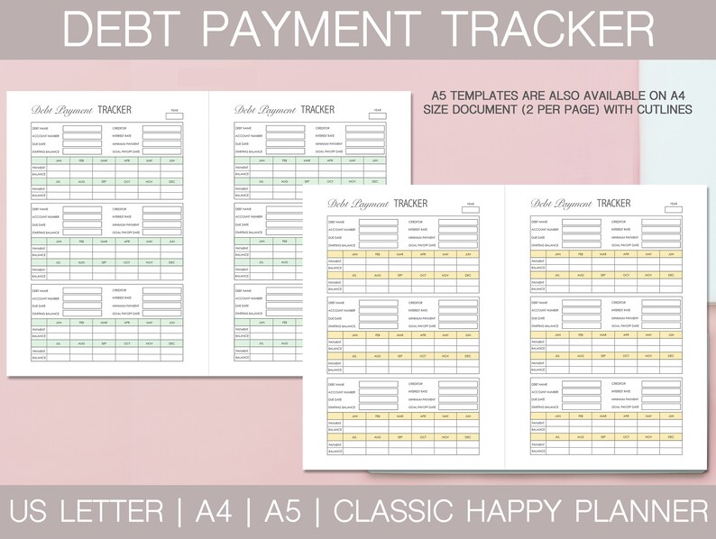 May include: A printable debt payment tracker with four pages. The pages are divided into sections for debt name, creditor, account number, starting balance, minimum payment, interest rate, total paid, and remaining balance. The pages are designed for use with a classic happy planner.