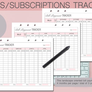 Puede incluir: Plantilla de seguimiento de pago de facturas imprimible con un esquema de color rosa y blanco. El rastreador est&aacute; dise&ntilde;ado para ser utilizado con un Happy Planner. Tiene cuatro meses por p&aacute;gina y un total de tres p&aacute;ginas. El rastreador incluye columnas para el nombre de la factura, el pago autom&aacute;tico, la fecha de vencimiento, el monto, la fecha de pago y el total.