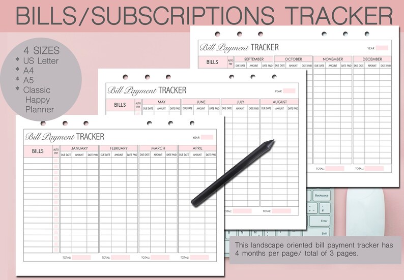 Puede incluir: Plantilla de seguimiento de pago de facturas imprimible con un esquema de color rosa y blanco. El rastreador est&aacute; dise&ntilde;ado para ser utilizado con un Happy Planner. Tiene cuatro meses por p&aacute;gina y un total de tres p&aacute;ginas. El rastreador incluye columnas para el nombre de la factura, el pago autom&aacute;tico, la fecha de vencimiento, el monto, la fecha de pago y el total.