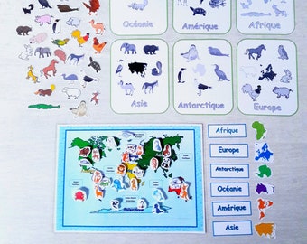 animal map activity of the world, animal learning, fun activity, to print, to laminate, PDF, activity in French,