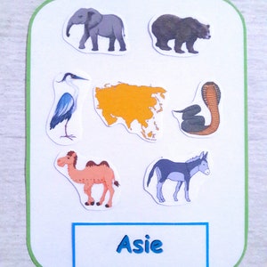 May include: A white card with a green border and a blue rectangle with the word "Asie" in blue text. The card has images of animals found in Asia, including an elephant, a bear, a heron, a snake, a camel, and a donkey. The card also has a yellow outline of the continent of Asia.