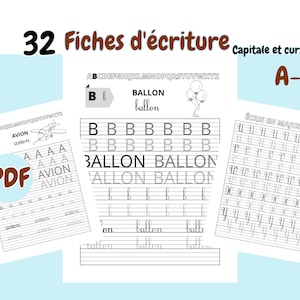 32 Fiches d'écriture capital et cursive, Cahier d'écriture, Fiches d'exercices, Apprendre les lettres.