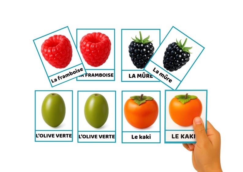 K&ouml;nnte beinhalten: Karten mit Abbildungen von Fr&uuml;chten: Himbeeren, Brombeeren, Oliven und Kakis. Jede Karte tr&auml;gt den Namen der Frucht auf Franz&ouml;sisch: "La framboise", "La m&ucirc;re", "L'olive verte" und "Le kaki". Eine Hand h&auml;lt eine der Karten.