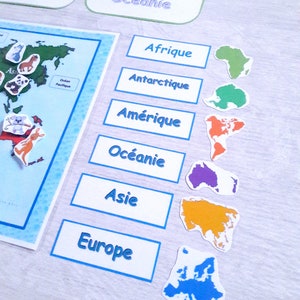 May include: A set of colorful continent maps with matching labels for a geography learning game. The continents are Africa, Antarctica, America, Oceania, Asia, and Europe.