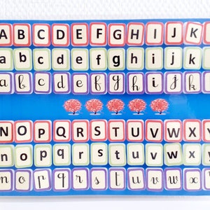 May include: A blue and white alphabet chart with three red trees at the top. The chart features the alphabet in uppercase, lowercase, and cursive lowercase letters.