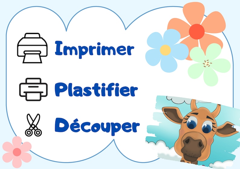 May include: A white background with blue text and black icons. The text reads "Imprimer", "Plastifier", and "D&eacute;couper". The icons are a printer, a printer with a sheet of paper, and a pair of scissors. There is a cartoon giraffe head in the corner of the image.