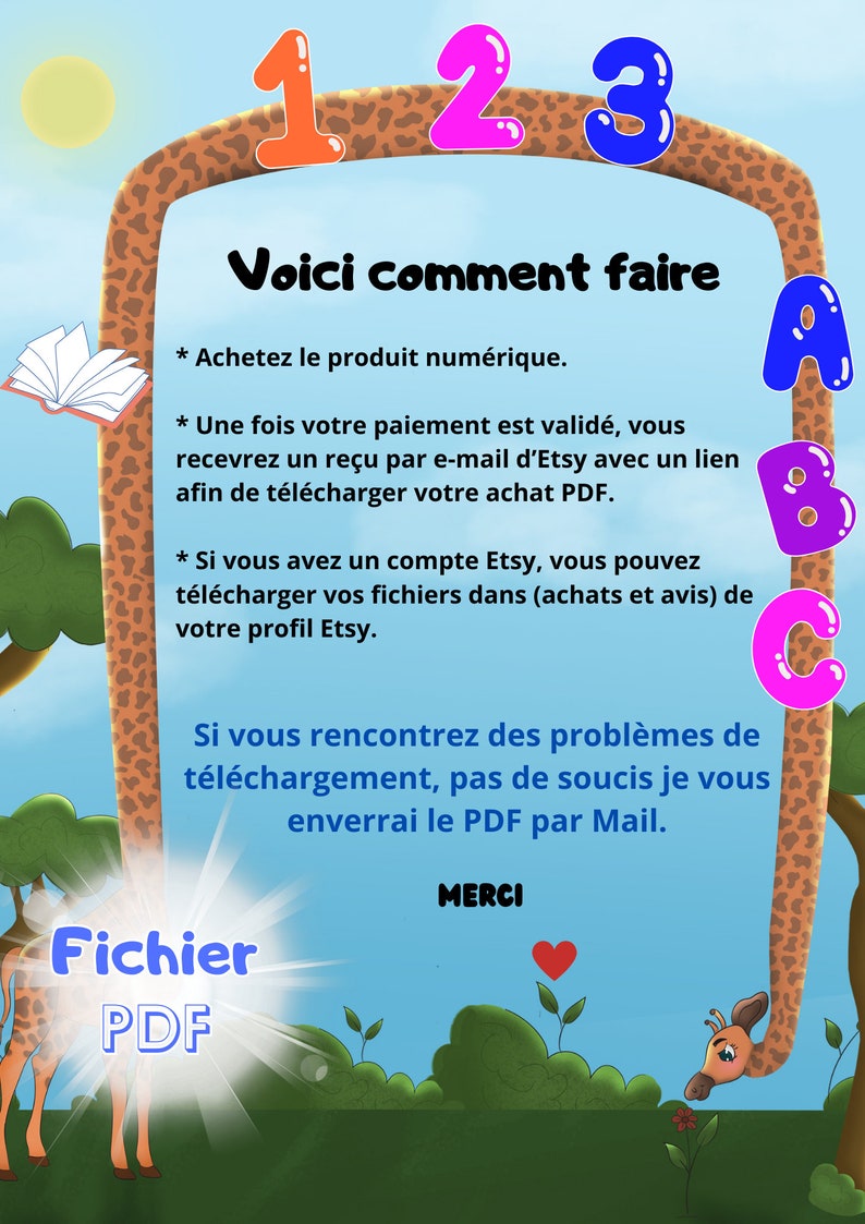 May include: A colorful illustration of a giraffe with the text "Voici comment faire" and numbered steps on how to download a digital product from Etsy. The text also includes "Fichier PDF" and "MERCI".