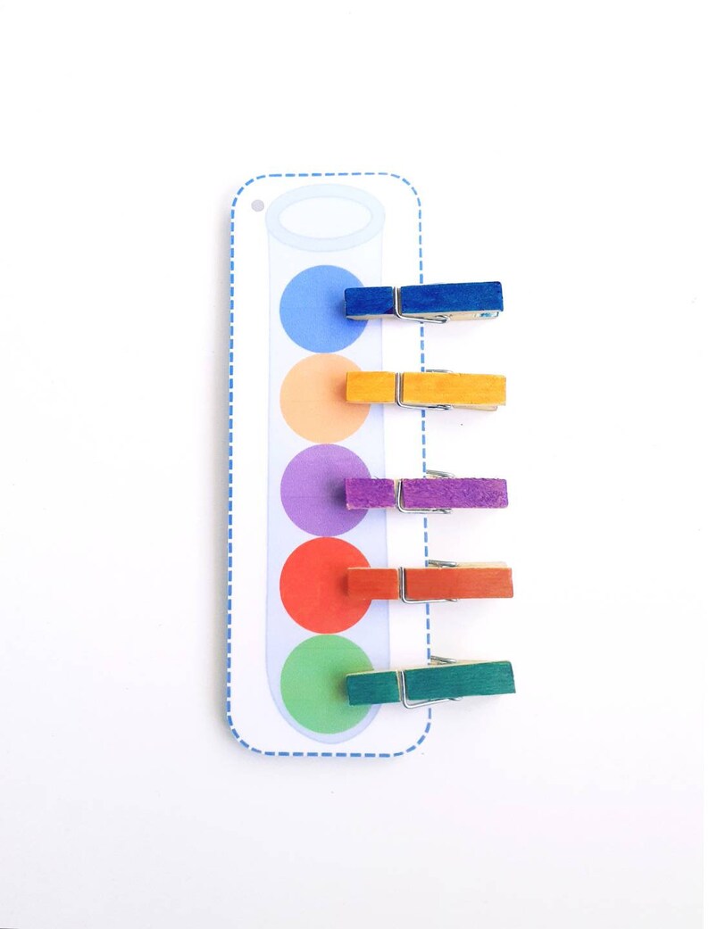 Puede incluir: Una actividad de aprendizaje colorida con una tarjeta blanca que presenta un tubo de ensayo con cinco c&iacute;rculos de colores. Los c&iacute;rculos son azul, naranja, morado, rojo y verde. Hay cinco pinzas de madera, cada una pintada de un color diferente para que coincida con los c&iacute;rculos. Las pinzas est&aacute;n sujetas a la tarjeta.
