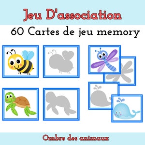 Jeu D'association d'ombres des animaux, jeu de mémoire, activité Montessori, support d'apprentissage, activité maternelle