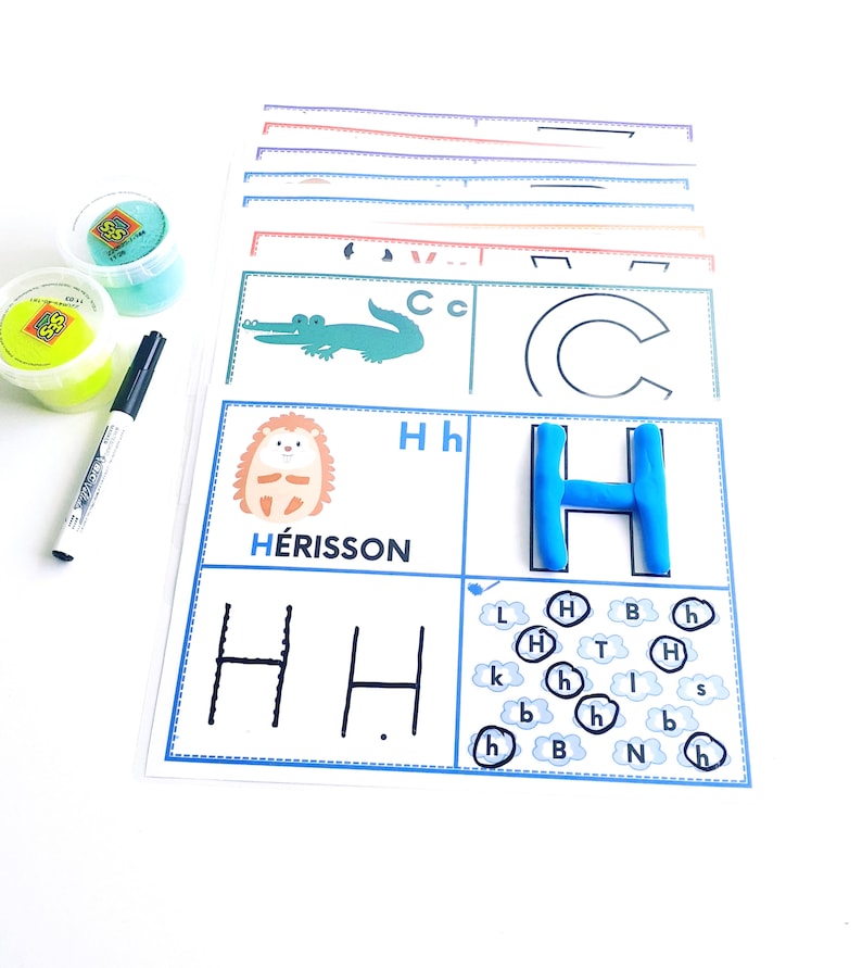 May include: A printable worksheet for learning the letter H. The worksheet features a picture of a hedgehog, the letter H written in uppercase and lowercase, and a larger letter H made with blue playdough. The worksheet also includes a section for tracing the letter H and a section for finding the letter H hidden among other letters.