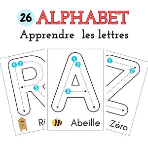 May include: Educational flashcards featuring the alphabet. The cards display the letters A, R, and Z, with dotted lines and numbered arrows to guide tracing. The word "Alphabet" is in red, and the text "Apprendre les lettres" is also visible.