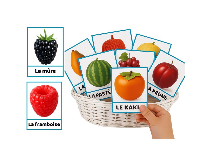 K&ouml;nnte beinhalten: Ein wei&szlig;er Weidenkorb enth&auml;lt Obstkarten, darunter eine Brombeere, eine Himbeere, eine Papaya, eine Wassermelone, Trauben, eine Kaki und eine Pflaume. Die Karten haben blaue R&auml;nder und Obstnamen auf Franz&ouml;sisch. Eine Hand h&auml;lt eine Karte mit der Aufschrift "LE KAKI".