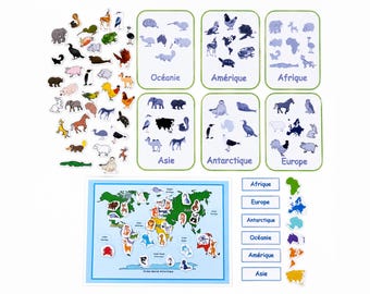 World animal map activity, animal learning, fun activity, printable, laminateable, PDF, activity in French.