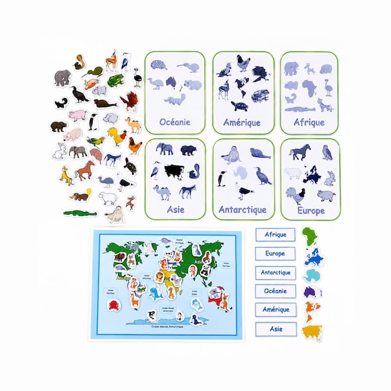 activité carte animaux du monde, apprentissage animaux , activité ludique , à imprimer, à plastifier ,PDF, activité en français,