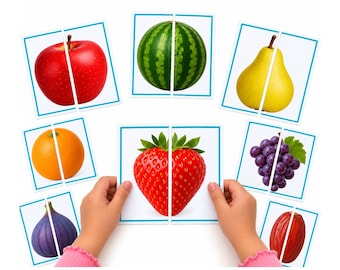 Ausdruckbares Obstpuzzle, 28 große Obstkarten zum Zuordnen, fördert die Feinmotorik