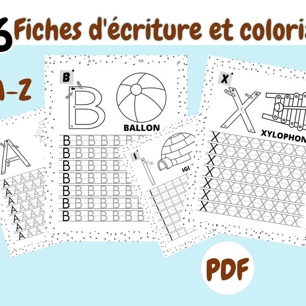 Fiches d'écriture et de coloriage pour apprendre les lettres.