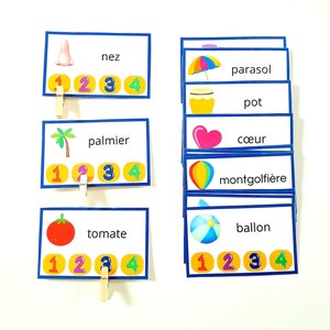 Silbenspiel, Lesen lernen, Clip-Spiel, Französisch lernen, Silbenaktivität, Montessori-Aktivität, Lernspiel zum Ausdrucken