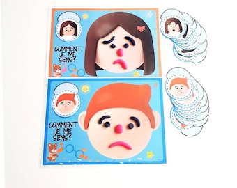 May include: A blue and white card game with two different faces on it. The card game is titled "Comment je me sens?" which translates to "How do I feel?" in English. The card game is designed to help children learn about different emotions.