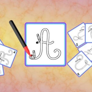 de letters van het alfabet, schrijfkaarten met cursief hoofdletters, alfabetoefening, schrijfoefeningen, schrijfboek, PDF om af te drukken.