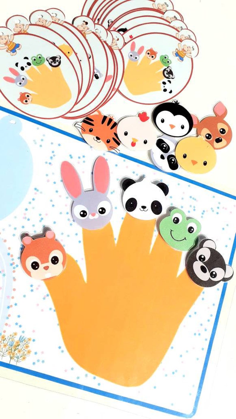 May include: A set of finger puppets with animal faces. The puppets are made of felt and have bright colors. The set includes a rabbit, panda, frog, squirrel, and bear. The puppets are designed to fit on fingers and can be used for storytelling or imaginative play.