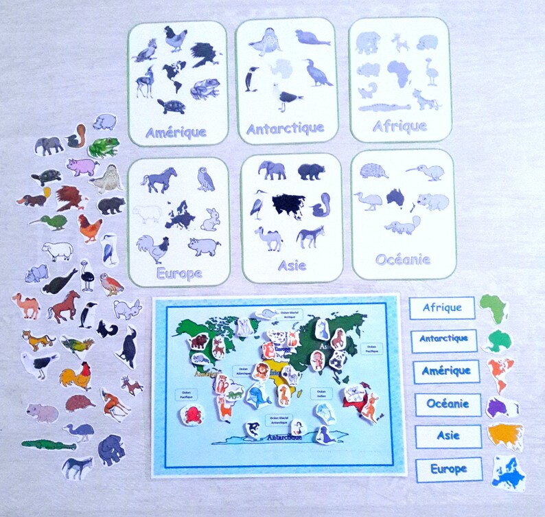 May include: A world map with continents labeled in blue and white.  There are colorful animal stickers on the map, and separate cards with animals and continent names.  The cards are labeled "Africa", "Antarctica", "America", "Oceania", "Asia", and "Europe".