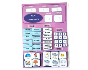 May include: A magnetic calendar with a purple border. It features sections for the day, date, month, season, and weather. Includes month, day, date, season, and weather tiles. The text "MON CALENDRIER" is visible.