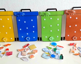 Selective sorting and Montessori pedagogy, Sorting waste activity, Fun game, Trash bins, Selective sorting poster, Recycling activity.