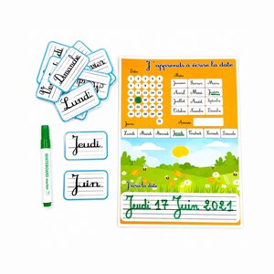 Leer de datum schrijven, educatief hulpmiddel in het Frans, kalender voor kinderen, activiteit voor kleuters, printbaar PDF-bestand