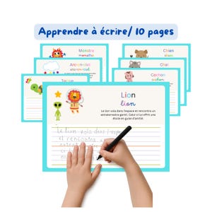 May include: A child's hand writing on a blue-bordered worksheet with the word "Lion" and a cartoon lion illustration. The worksheet is part of a set of 10 pages for learning to write, with other animal-themed worksheets visible.