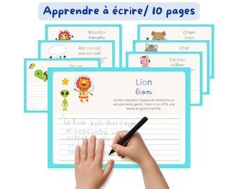 May include: A child's hand writing on a blue-bordered worksheet featuring the word "Lion" and a cartoon lion illustration. The worksheet is part of a set of 10 pages for learning to write, with other animal-themed worksheets visible.