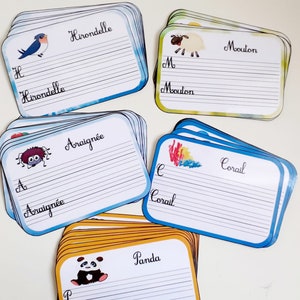 des carte d'écriture et animaux , support d'écriture alphabet, écriture en cursive, PDF, à imprimer, à plastifier.