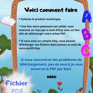 May include: A colourful illustration of a giraffe with the numbers 1, 2, and 3 on its neck. The text "Voici comment faire" is written in black on a white background. The text below explains how to download a digital product purchased on Etsy. The text includes the words "Fichier PDF" in a red circle.