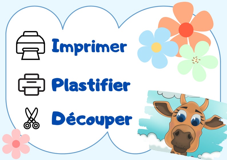 May include: A white background with blue text and black icons. The text reads "Imprimer", "Plastifier", and "D&eacute;couper". The icons are a printer, a printer with a sheet of paper, and a pair of scissors. There is a cartoon giraffe head in the corner of the image.