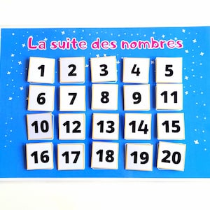 Può includere: Una lavagna blu e bianca con il testo "La suite des nombres" in rosa. La lavagna ha 20 quadrati bianchi con numeri neri da 1 a 20.
