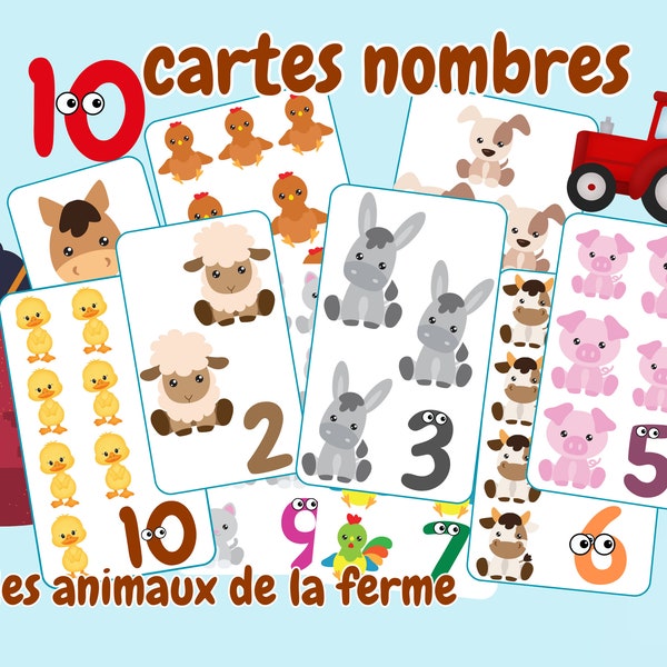 10 Cartes nombres des animaux de la ferme, Apprendre à dénombrer, Jeux des chiffres .